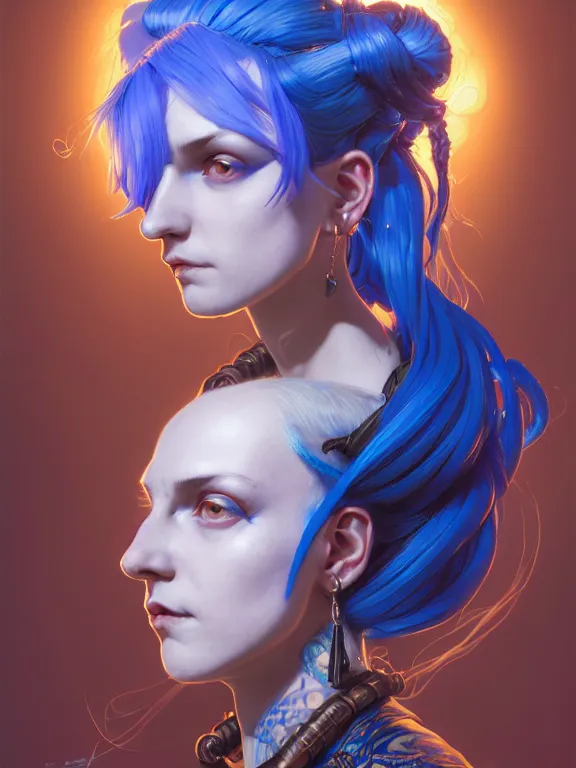 Prompt: a ARCANE ART Portrait of JINX The Loose Cannon, blue hair, long pigtail, intricate, elegant, highly detailed, digital painting, concept art, smooth, sharp focus, illustration, by Laurie Greasley,Lawrence Alma-Tadema,Dan Mumford,artstation,deviantart,Unreal Engine,face enhance,8K,golden ratio,cinematic lighting