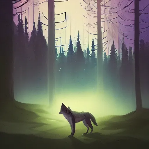 Image similar to wolf in the forest surreal photography, dark night, stars, moon light, impressionist painting, clouds, digital painting, artstation, simon stalenhag