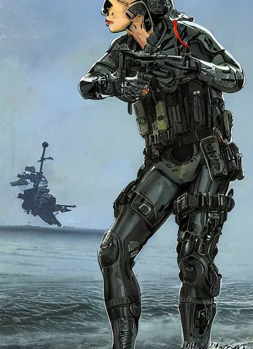 Image similar to black widow. USN blackops operator emerging from water at the shoreline. Operator wearing Futuristic cyberpunk tactical wetsuit and looking at an abandoned shipyard. Frogtrooper. rb6s, MGS, and splinter cell Concept art by James Gurney, Alphonso Mucha. Vivid color scheme.