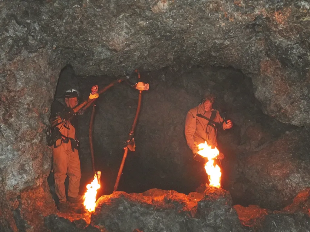 Image similar to one man bringing fire with torch into cave in darkness