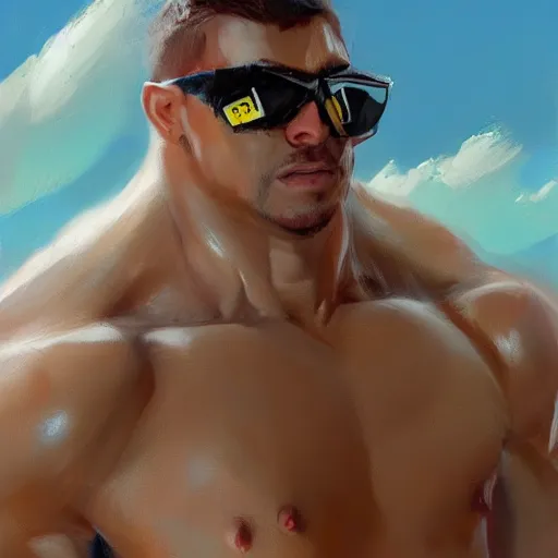 Prompt: an extremely muscular man as a lemon fruit with sunglasses lying on a beach trending on artstation, painted by greg rutkowski