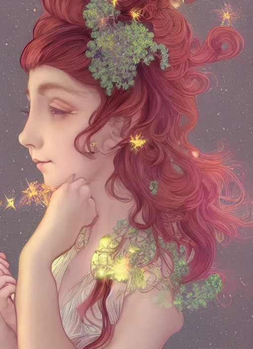 Prompt: portrait of a red - headed early thirties fairy, pixie, fae, imp, sprite in double bun hairstyle and sparkly, gleam baby pink coral outfit, elegant, intricate, highly detailed, smooth, sharp focus, ethereal, misty, fireflies in the backdrop. octane render, pastel color scheme, by hayao miyazaki and alphonse mucha.