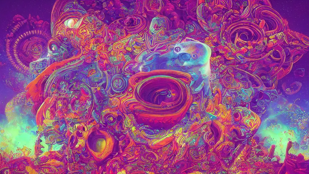 Prompt: lsd visuals dmt visuals shroom visuals a monkey face spirals and fractal designs infinity by Paul Lehr and moebius and beeple