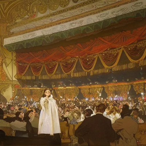 Image similar to painting by alphonse mucha, interior of an opera house with a singer in a white dress on a lighted stage with an orchestra and audience in the hall