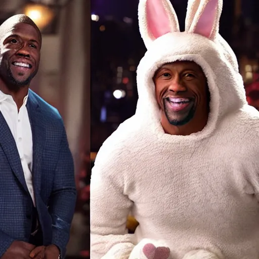 Image similar to Kevin Hart dressed in a bunny costume with Dwayne the Rock Johnson in a movie