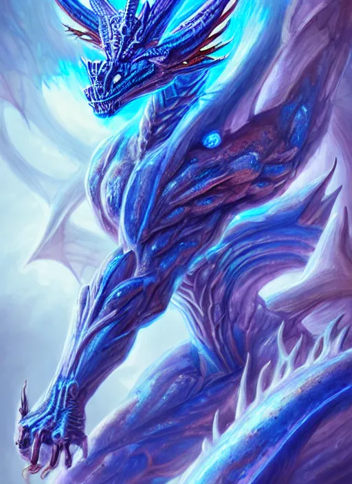 Image similar to muscular and tall blue ghostly fire humanoid dragon!!!! draconian!! intricate ornate iridescent exoesqueleton!! character concept art, sharp focus, octane render! unreal engine 5! highly rendered!! trending on artstation!! detailed linework!! illustration by artgerm, wlop, and chie yoshii