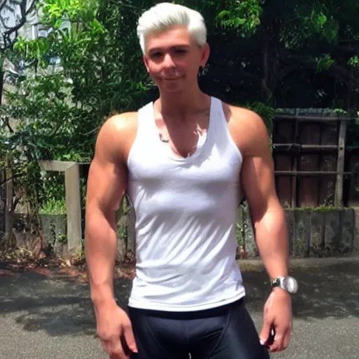 Image similar to rich young man, 3 2 years old, with short stubble, white colored hair, muscles, traning tank top, silver short leggings, showing biceps
