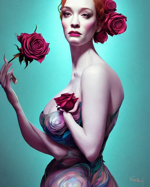 Prompt: perfectly - centered!! looking camera!! symmetrical!! portrait of christina hendricks with roses, baroque, roses, intricate abstract upper body intricate artwork, by tooth wu, wlop, beeple, dan mumford. concept art, octane render, deviantart, greg rutkowski, cinematic arthouse, key art, hyper realism, iridescent accents