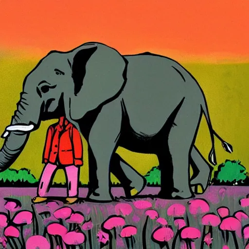 Image similar to an elephant on a green meadow art by Darwyn Cooke