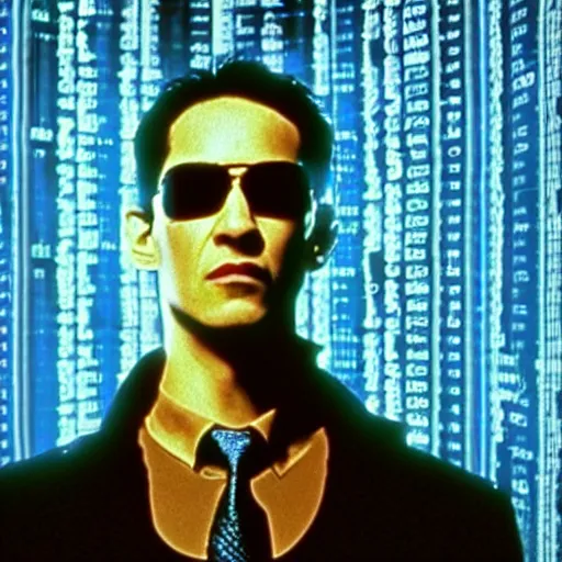 Image similar to prairie dog hacker in a blue-lit room surrounded by computers, still image from movie The Matrix