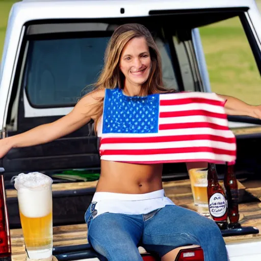 Image similar to photo of woman in the back of a pickup truck wearing bikinis drinking beer waving the american flag. closeup shot.