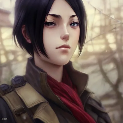 Image similar to mikasa ackerman, bokeh, beautiful face!!!!, 2 7 years old, cg animation, lifelike, animated, realistic, character select portrait, by artgerm, greg rutkowski, alphonse mucha, 3 d