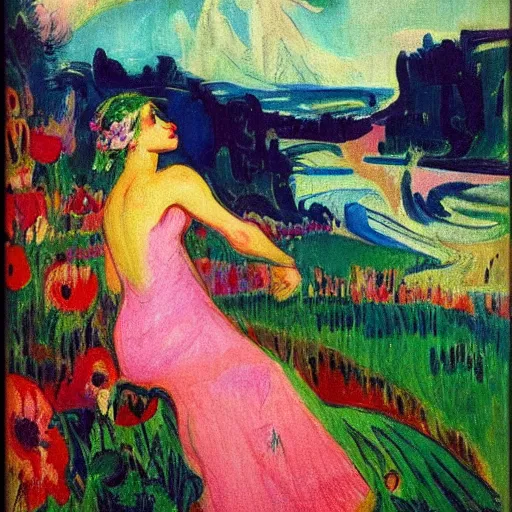 Prompt: A colorful and poetic painting of a girl looking at a landscape of flowers and water, by Ernst Ludwig Kirchner and Gaston Bussière featured on ArtStation, trending on ArtStation, cgsociety, trending on 500px, deviantart