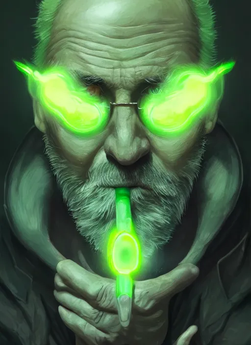 Prompt: a highly detailed illustration of bald old man smoking with green glowing eyes, dramatic smoking pose, nuclear background, intricate, elegant, highly detailed, centered, digital painting, artstation, concept art, smooth, sharp focus, league of legends concept art, wlop.