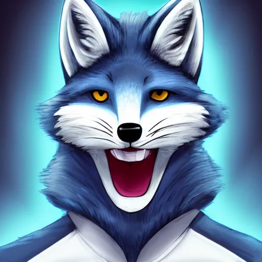 Image similar to anthropomorphic male blue fox furry fursona with handsome eyes, wearing a white hoodie, dramatic action movie poster, realistic hdr