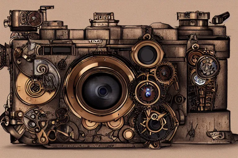 Image similar to a steampunk camera film by artgerm, hyper detailed, trending on artstation