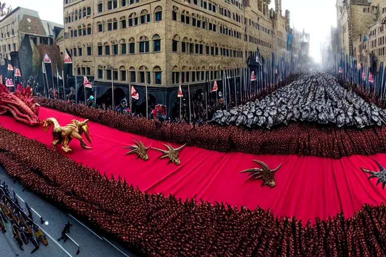 Image similar to photo of game of thrones elaborate parade with float characters designed by ( ( ( ( ( ( ( ( people remaking season 8 ) ) ) ) ) ) ) ) and people who know what they are doing!!!!!!!!!!!!!!, in the macys parade, detailed 4 k photo,