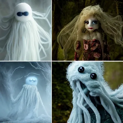 Image similar to an ethereal lovely fluffy ghost like live action muppet wraith like figure with a squid like parasite latched onto its head and four long tentacles for arms that flow gracefully at its sides like a cloak while it floats around a frozen rocky tundra in the snow searching for lost souls and that hides amongst the shadows in the trees, this character has hydrokinesis and electrokinesis is a real muppet by sesame street, photo realistic, real, realistic, felt, stopmotion, photography, sesame street