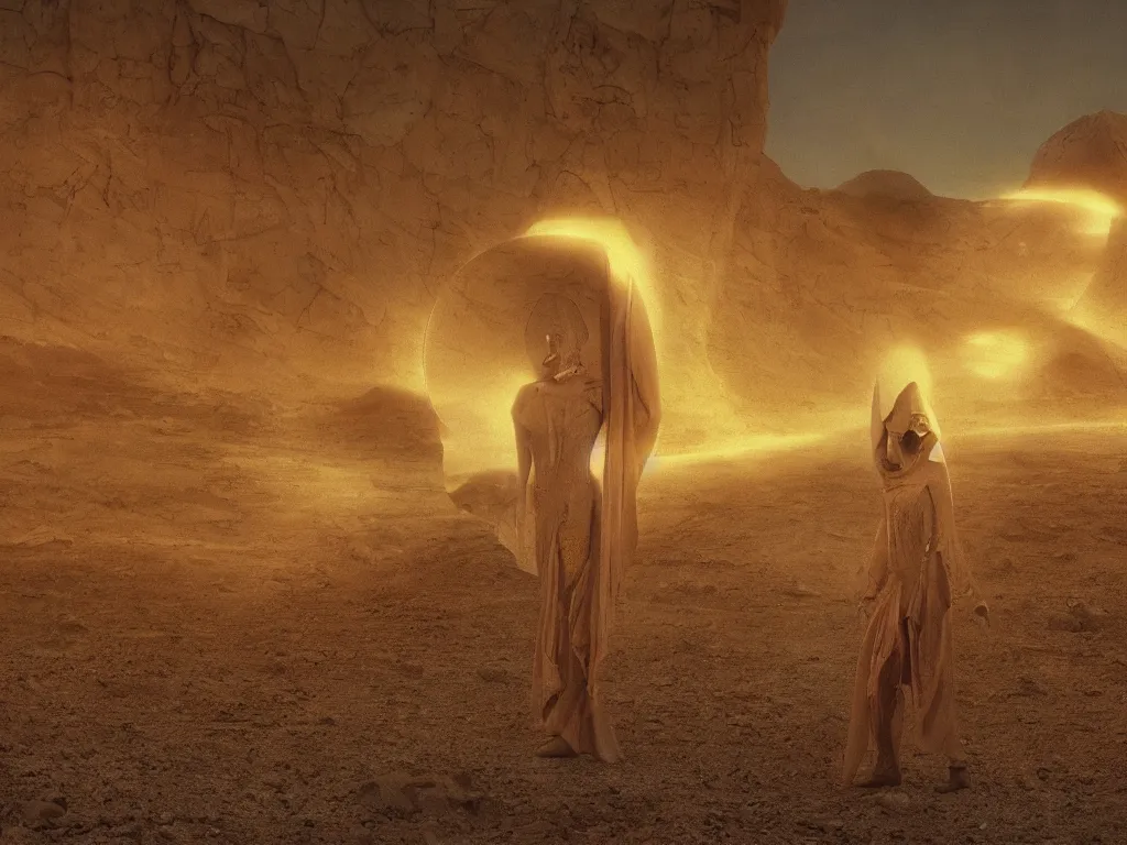Prompt: glowing bene gesserit in full - face golden mask in a dry rocky desert landscape with abandoned city beneath the sand and giant alien spaceship in the sky attacks the earth, giant mirrors by christopher doyle and alejandro jodorowsky, anamorphic lens, kodakchrome, cinematic composition, very detailed photo, 8 k,