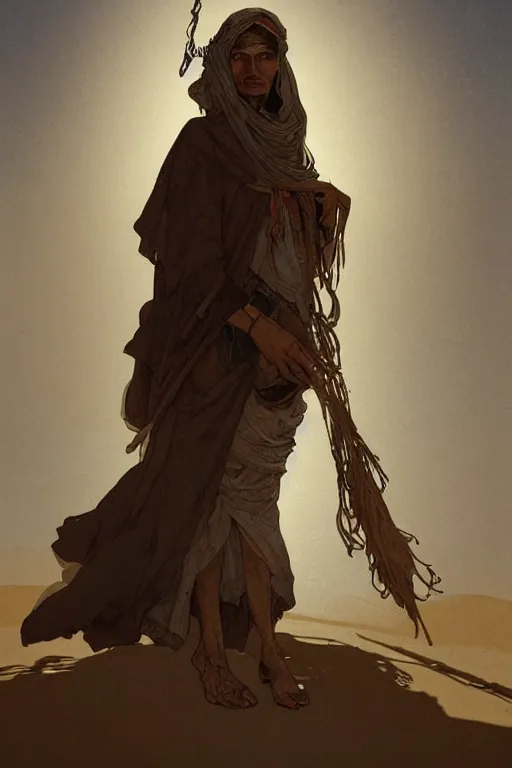 Image similar to a full body portrait of a beautiful post apocalyptic offworld desert bedouin blind beggar by the road, intricate, elegant, highly detailed, digital painting, artstation, concept art, smooth, sharp focus, illustration, art by krenz cushart and artem demura and alphonse mucha