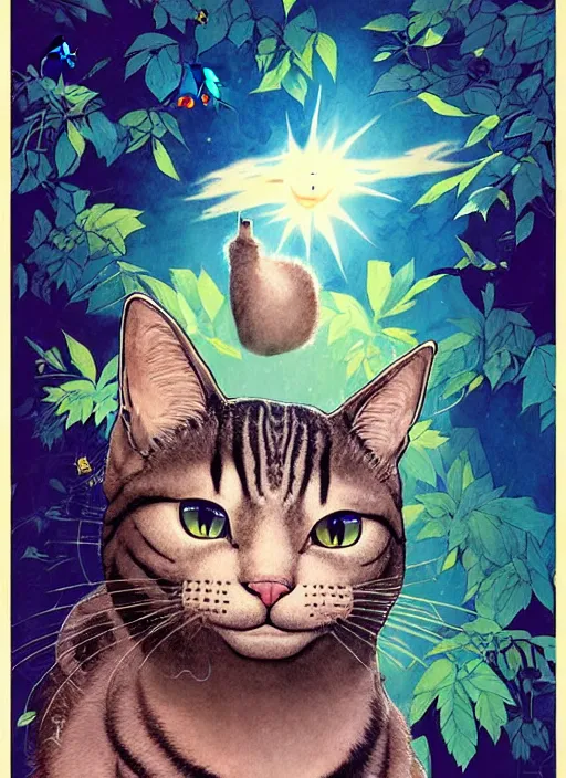 Prompt: a hyper realistic ink cat and the meaning of life and sunbeams blue sky, lush forest poster art by chiara bautista and kim jung giu and norman rockwell and greg rutkowski weta studio, and lucasfilm