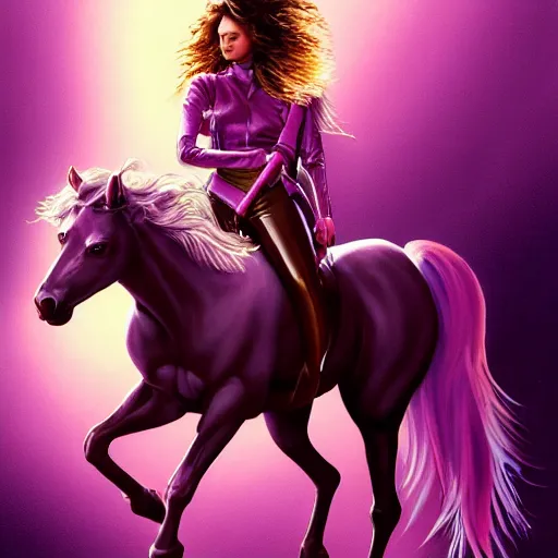 Prompt: painting of a very beautiful woman riding a centaur,, and a purple coloured leather jacket, one side haircut, long brown hair with light blue ends, portrait, hyperdetailed, artstation, cgsociety, synthwave by tangerine dream, by jean - michel jarre, by vangelis, by john carpenter