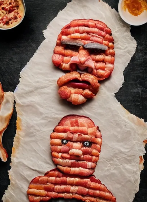 Image similar to bacon in the shape of a human face, human face made out of bacon, kevin bacon made out of bacon, professional food photography, unreal engine