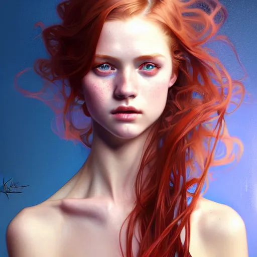 Image similar to portrait of teenage girl with long glossy red hair, blue eyes, glowing skin, fashion model features, fantasy, intricate, elegant, dress shirt and tie, highly detailed, digital painting, artstation, concept art, smooth, sharp focus, illustration, art by Krenz Cushart and Artem Demura and alphonse mucha