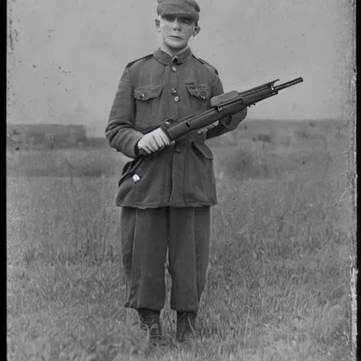 Image similar to old wartime photograph of harry potter holding a lewis gun, 1 9 1 7