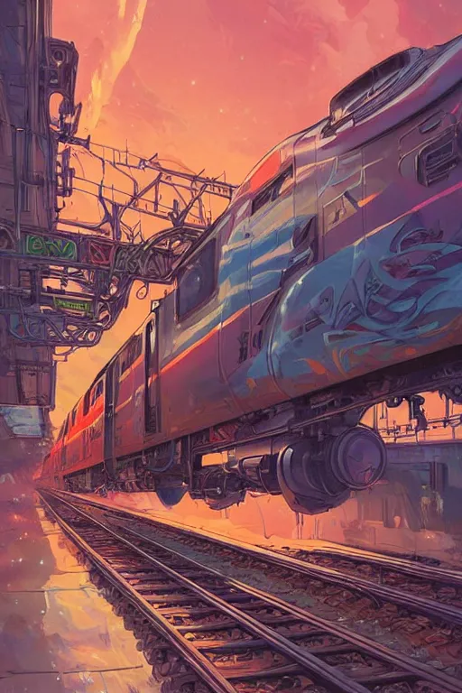 Image similar to trains covered in dripping graffiti paint, by hiroshi yoshida and moebius and loish and artgerm, painterly, symmetrical, ultra detailed, hyper realistic, illustration, sunset lighting