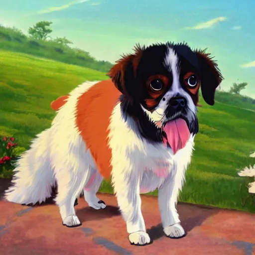 Image similar to painting of cute dog, full size, in style of studio ghibli, photorealistic