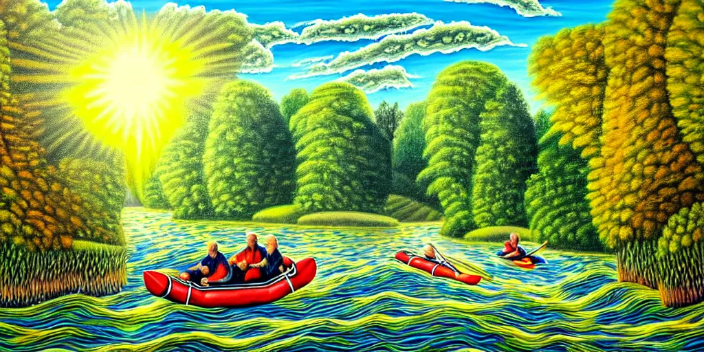 Image similar to A very detailed painting in the style of featuring a river in Europe surrounded by trees and fields. A rubber dinghy is slowly moving through the water. Sun is shining. Psychodelic painting