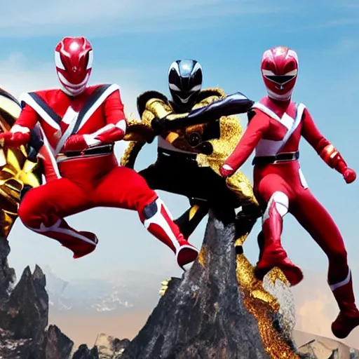 Prompt: The Power Rangers Megaforce having a break dance battle with Godzilla on top of the universe