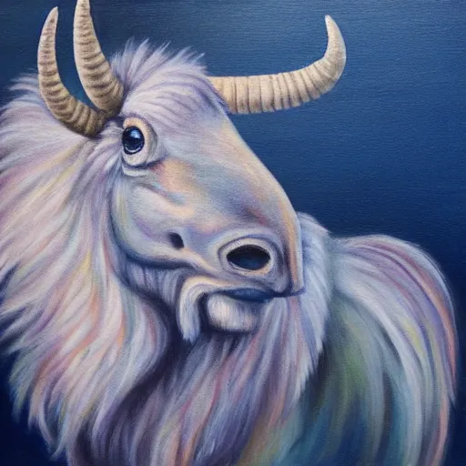 Prompt: A Bufficorn, a mythical animal which is half buffalo, half Unicorn. painting