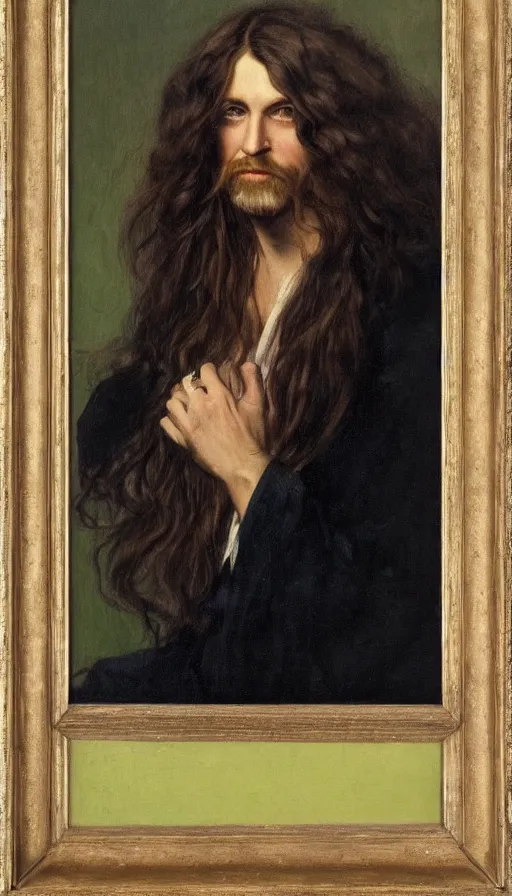 Image similar to a painting of a man with long hair, a portrait by Robert Lenkiewicz, cg society, pre-raphaelitism, da vinci, studio portrait, oil on canvas