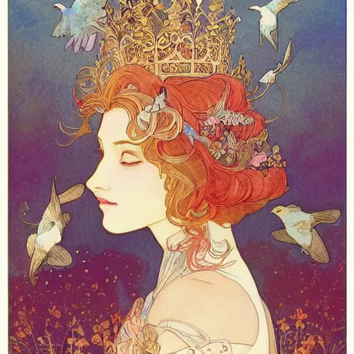 Prompt: a beautiful intricate watercolor illustration of a princess with birds 4 k, ultra - wide angle, by william turner, by victo ngai, by alphonse mucha, by moebius, by gustave dore, hd, trending on artstation, hyper detailed, muted intense colors