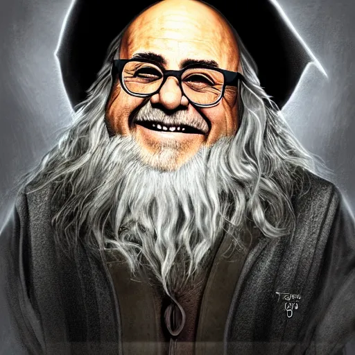 Image similar to portrait danny devito as gandalf, deviantart, smile, ultra realistic illustration, final fantasy