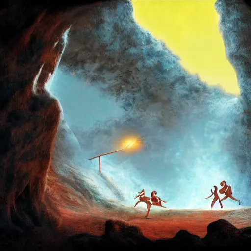 Image similar to matte painting of cavemen playing basketball inside cave at night, cave lit by torch light, stalagmites