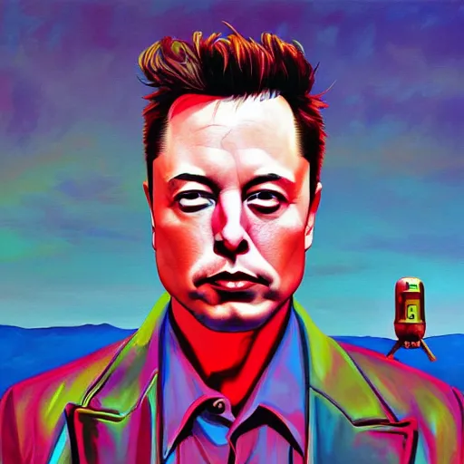 Prompt: Surrealist Portrait painting of Elon Musk, album cover