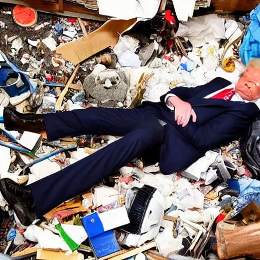 Prompt: donald trump asleep on the floor in a room full of garbage and destroyed objects