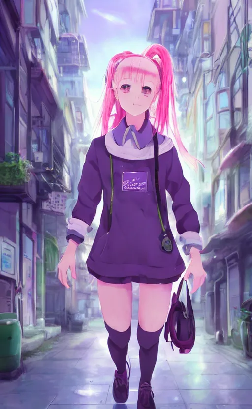 Image similar to anime girl with pink ponytail, wearing purple headphones, wearing a green sweater, with a smile on her face and her eyes closed, walking down a street, dynamic lighting, photorealistic fantasy concept art, trending on art station, very detailed, anime concept art, stunning visuals, creative, cinematic, ultra detailed