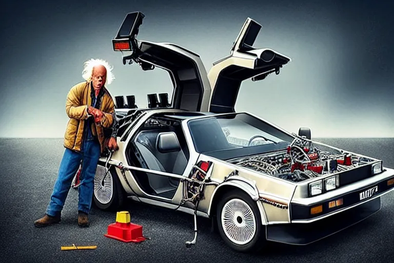 Image similar to doc brown working construction, building a delorean, back to the future, in the style of erik johansson
