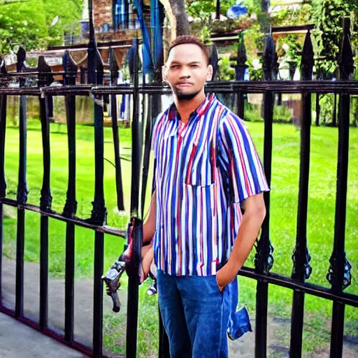 Image similar to Young man standing looking to the right in a red bandana, blue striped shirt, gray vest and a gun with a partly cloudy sky in the background. The young man is standing in front of an iron fence. Photograph. Real life