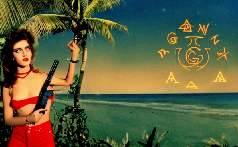 Image similar to 1 9 8 6 vintage movie screencap of a girl with a gun on a narco mansion, gucci clothes, night sky, beach and tropical vegetation on the background major arcana sky and occult symbols, 1 9 8 6 photo