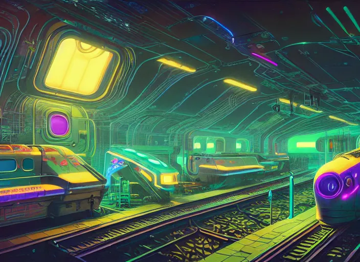 Image similar to a luminescent cyberpunk train by paolo eleuteri serpieri and tomer hanuka and chesley bonestell and daniel merriam and tomokazu matsuyama, unreal engine, high resolution render, featured on artstation, octane, 8 k, highly intricate details, vivid colors, vector illustration