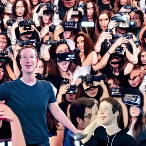 Image similar to cyborg mark zuckerberg controlling a crowd of people with vr headsets