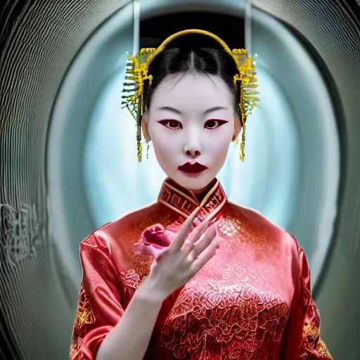 Prompt: photo shoot pose photo of beautiful realistic Chinese ancient princess standing in the corridor in the space ship, attractive symmetrical face, big eyes and lips, subtle makeup, clean face and body skin,ecstatic face expression, ornamental jewelry and ancient translucent clothes, futuristic space ship interrior, wires with lights,depth of field, lens flare, moody lighting, moody photography, old photo, black and white, sepia, cinematic lighting, cinematic angle, editorial photography