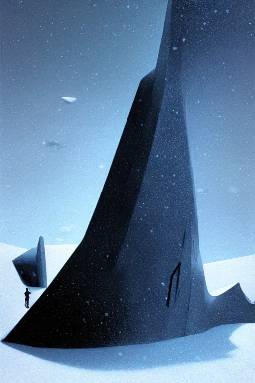 Image similar to emissary mountain space by arthur haas and bruce pennington and john schoenherr, cinematic matte painting, zaha hadid building, photo realism, snowfall, dark monochrome color palate, tiny woman silhouette for scale