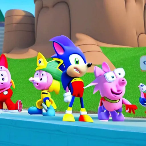 Image similar to sonic, peppa pig and the paw patrol crossover episode, cartoon network stillframe, hd, 4 k, hdr, smooth, sharp focus, high resolution, award - winning