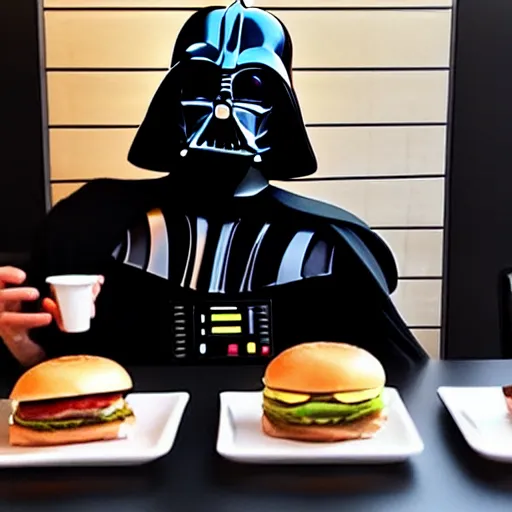 Prompt: Darth vader eating a burger at mcdonalds , photorealistc